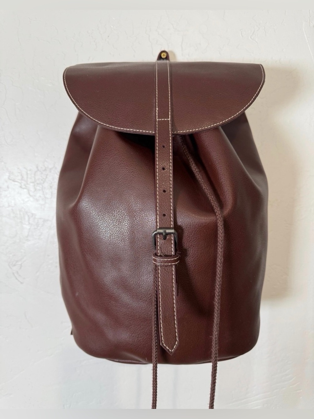 Brown Leather Backpack – Handcrafted Drawstring Bag in EUC